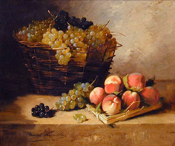 Корзина с фруктами - виноград, персик, корзина, натюрморт, стол - оригинал
