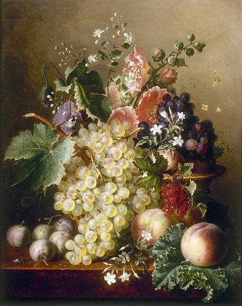 Натюрморт - натюрморт, стол, цветы, виноград, персик, фрукты - оригинал