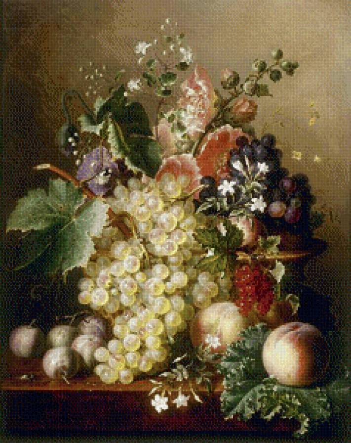 Натюрморт - персик, цветы, натюрморт, виноград, стол, фрукты - предпросмотр