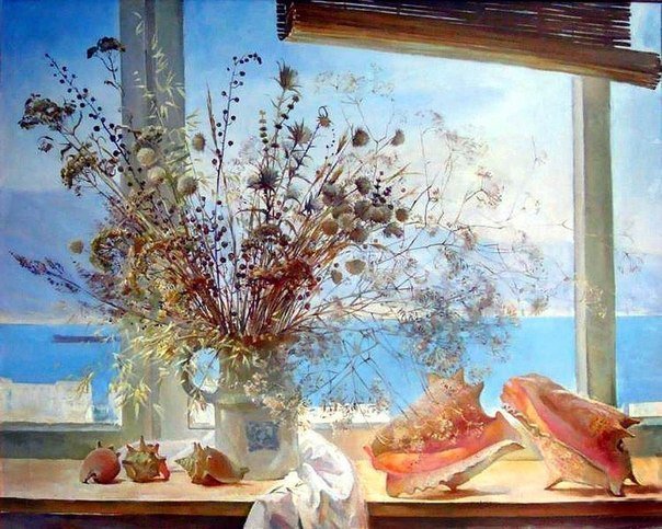 Вид из окна - природа, окно, ракушки, цветы, море - оригинал