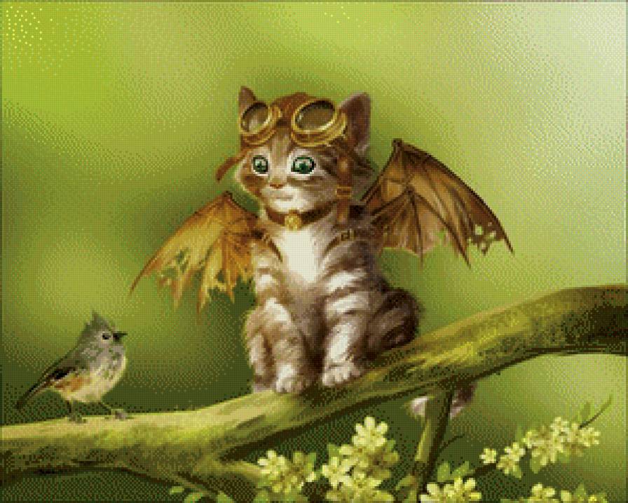 Котенок в шлеме - птица, дерево, природа, котенок, ветка - предпросмотр