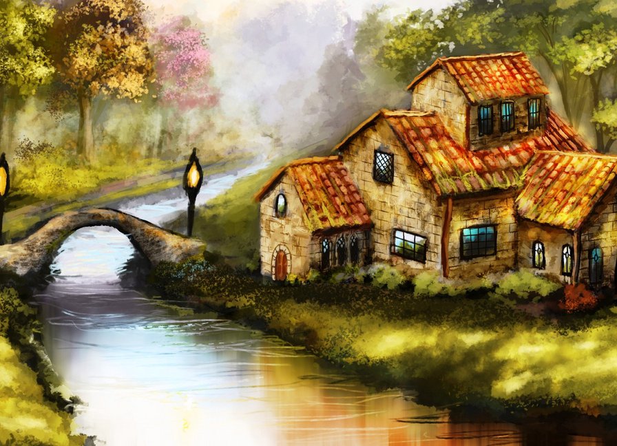 дом на берегу - пейзаж, дом, река, фонарь, картина - оригинал