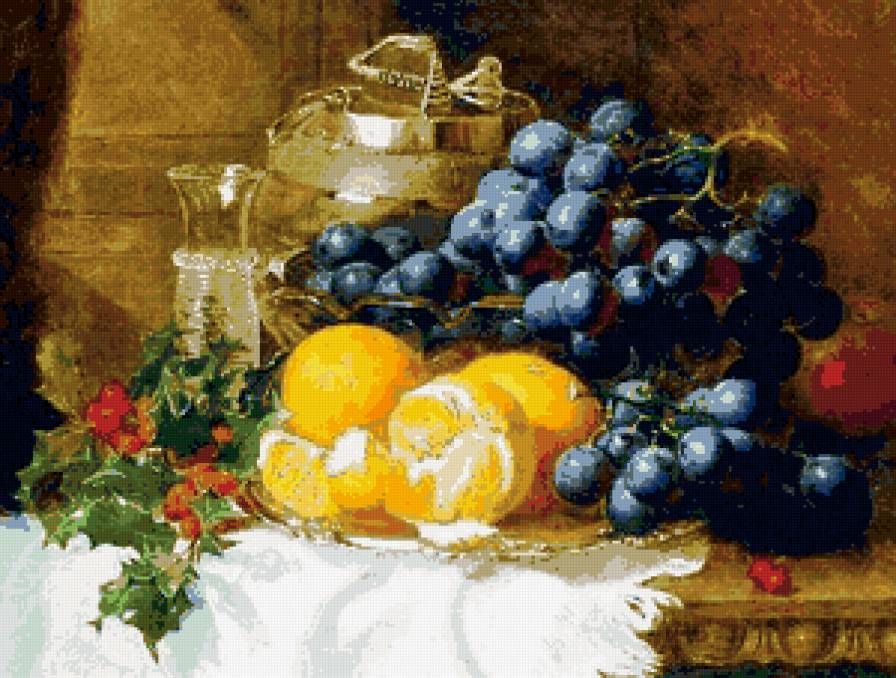 натюрморт с виноградом - виноград, листья, натюрморт, картина - предпросмотр