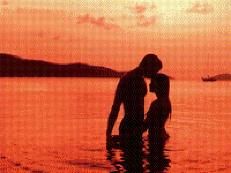 Пара на закате - влюбленные, картина, пара, море, закат - предпросмотр