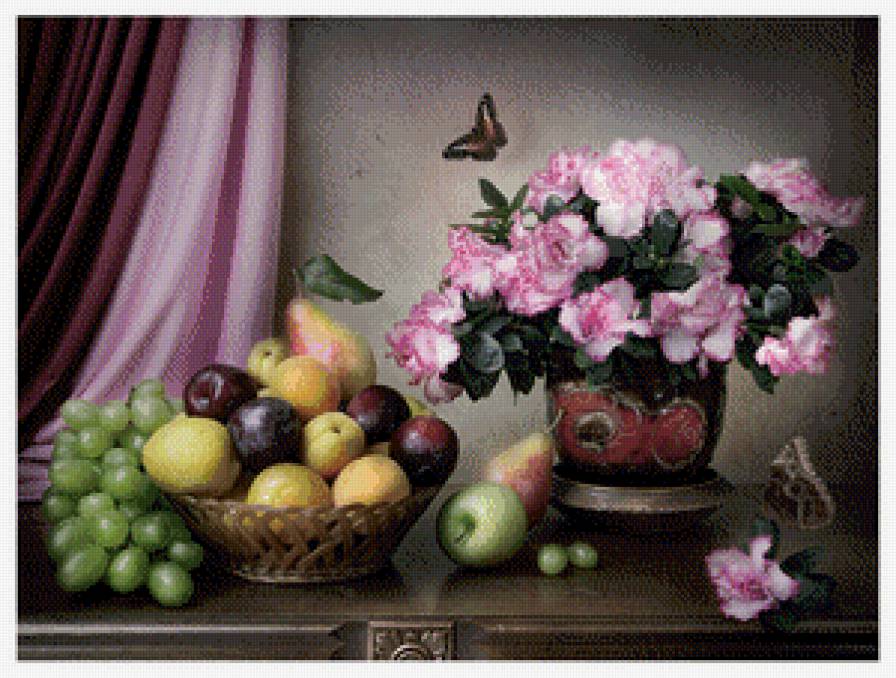 Натюрморт - бабочка, живопись, цветы, стол, фрукты, картина - предпросмотр