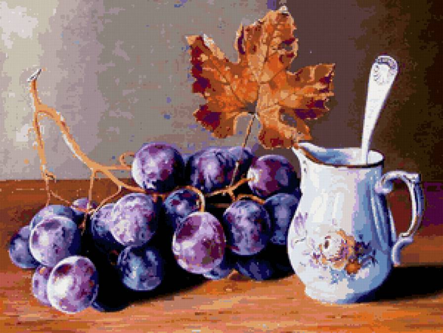 натюрморт для кухни - виноград, картина, листья, натюрморт - предпросмотр