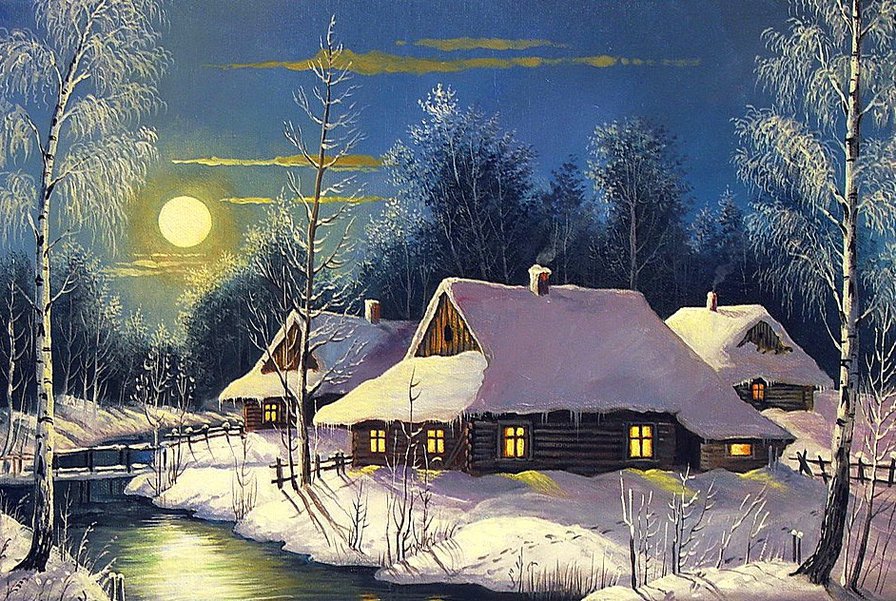Зимняя ночь - снег, пейзаж, зима, лес, река, полнолуние, домик - оригинал