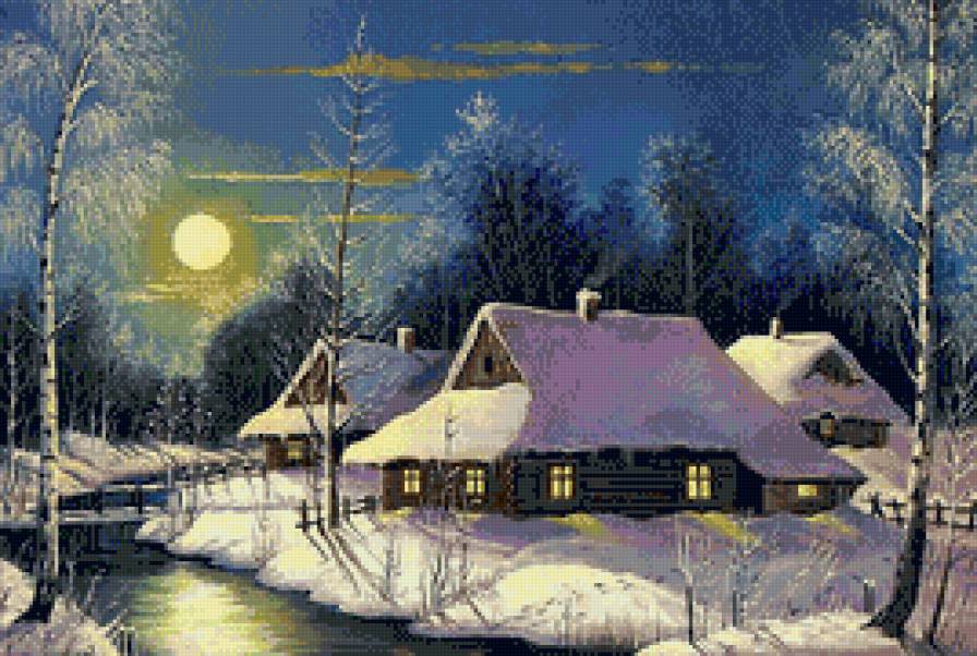 Зимняя ночь - полнолуние, пейзаж, река, зима, лес, домик, снег - предпросмотр