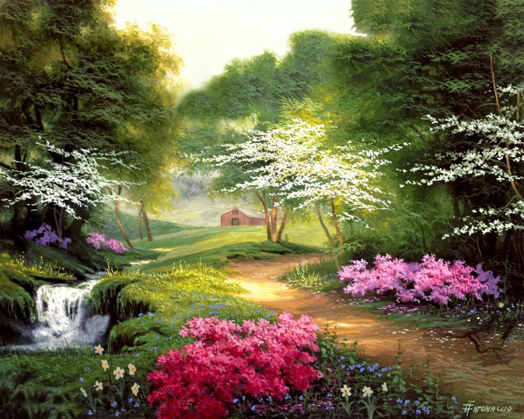 летний сад - пейзаж, краски, беседка, лето, сад, природа, скамейка, живопись - оригинал