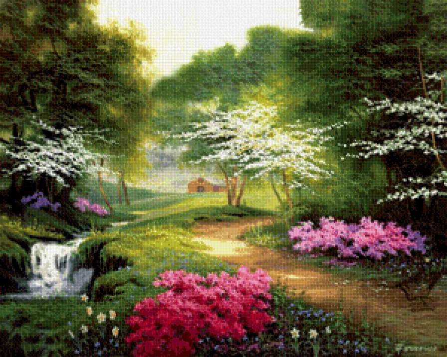 летний сад - лето, природа, сад, пейзаж, живопись, беседка, скамейка, краски - предпросмотр