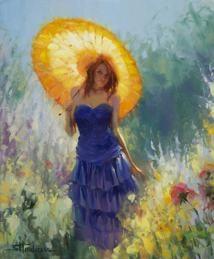 девушка под зонтиком - жара, зонтик, девушка, лето, сад, птицы, природа - оригинал