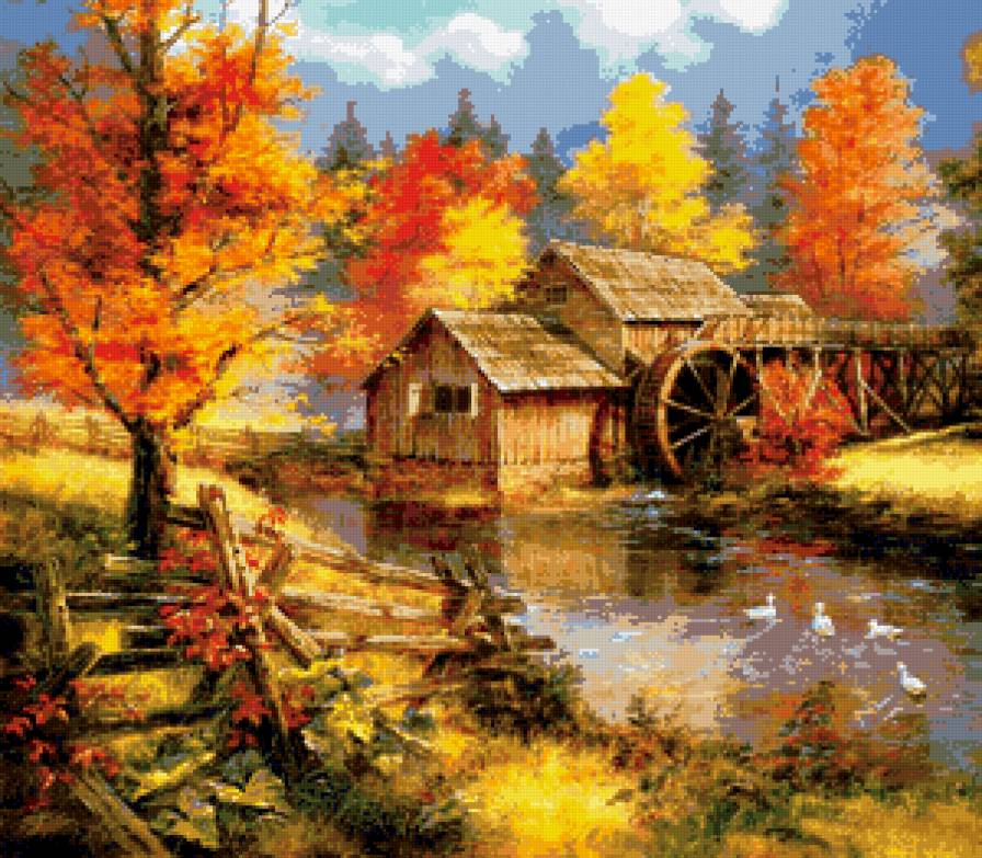 осенний пейзаж - картина, пейзаж, осень, природа - предпросмотр