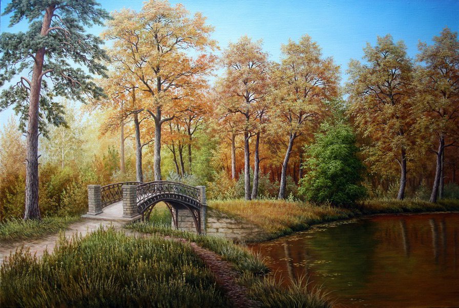 картина - природа, мостик, осень - оригинал
