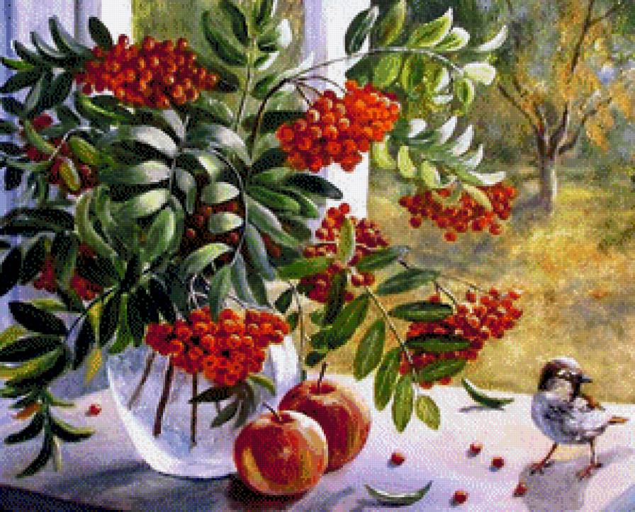 Натюрморт - фрукты, птичка, рябина, яблоки, яблоко - предпросмотр