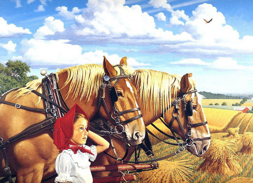 Маленькая крестьянка - девочка, деревня, лошади, дети - оригинал