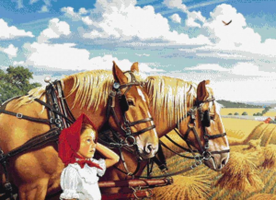 Маленькая крестьянка - деревня, лошади, девочка, дети - предпросмотр