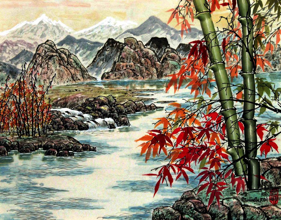 горный пейзаж - река, пейзаж, листья, горы - оригинал