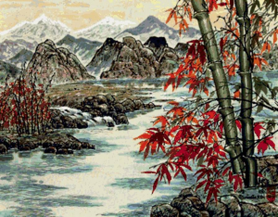 горный пейзаж - река, листья, горы, пейзаж - предпросмотр