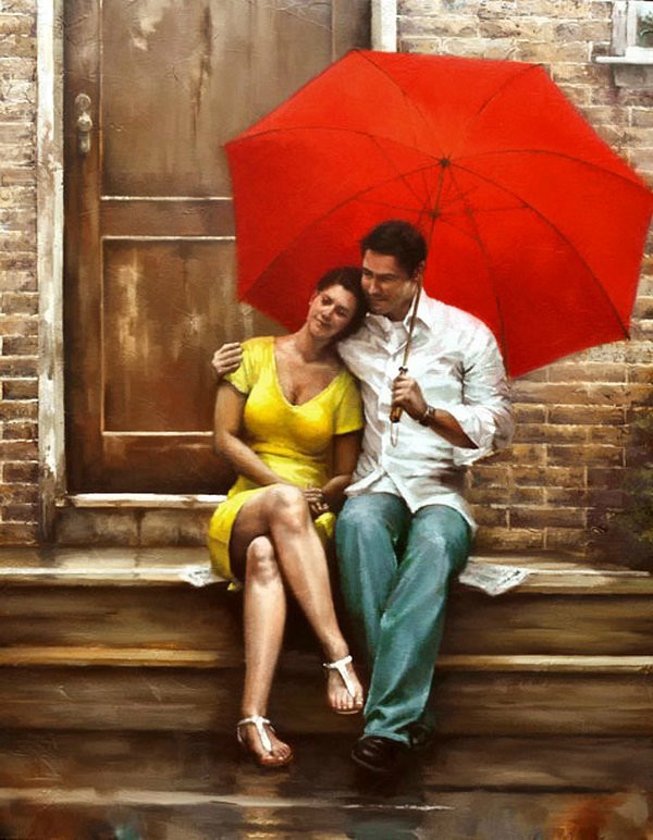 Под дождем - дождь, красный зонт, романтика, пара - оригинал