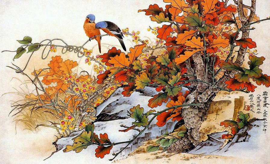 пано осеннее - осень, пано, птицы, листья - оригинал