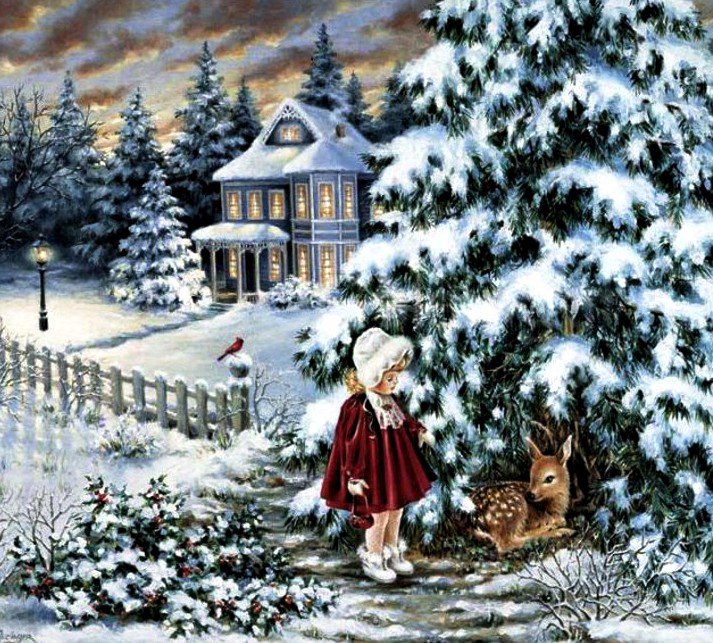 девочка и олененок - олени, снег, пейзаж, зима, дети - оригинал