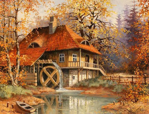 мельница - пейзаж, природа, река, мельница, лодка, живопись, осень - оригинал