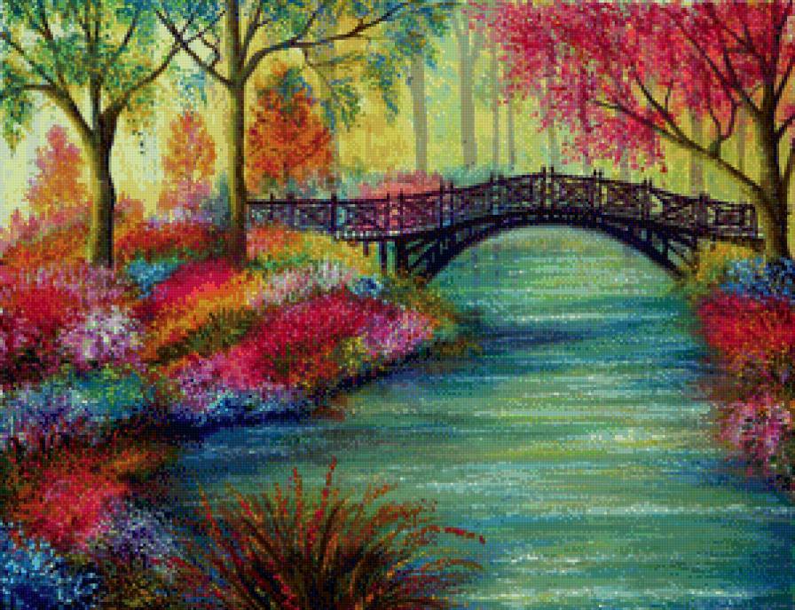 мост в саду - классика, природа, мост, сад, девушка, лес, живопись, пейзаж - предпросмотр