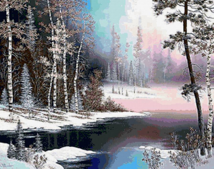 тихая речка - лес, пейзаж, зима, снег, река - предпросмотр