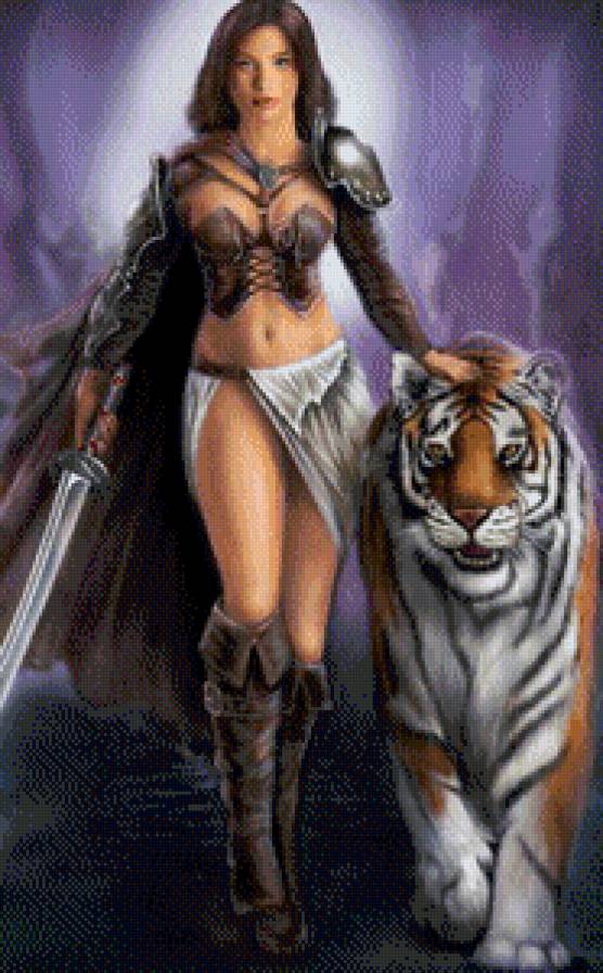 Амазонка и тигр - картина, воин, с мечом, девушка, тигр - предпросмотр