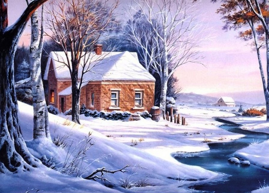 тихая речка - пейзаж, снег, дом, зима, река - оригинал