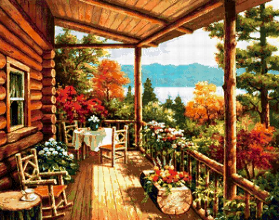 открытая терраса - пейзаж, осень, дом, цветы - предпросмотр