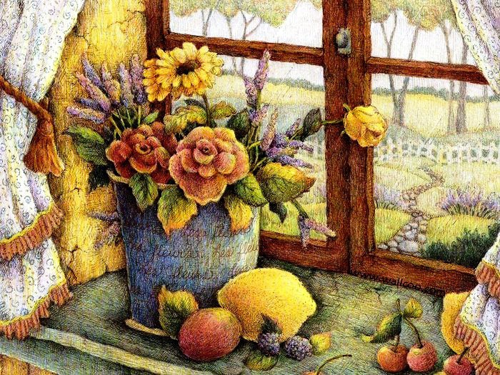 букет у окна - цветы, фрукты, пейзаж - оригинал