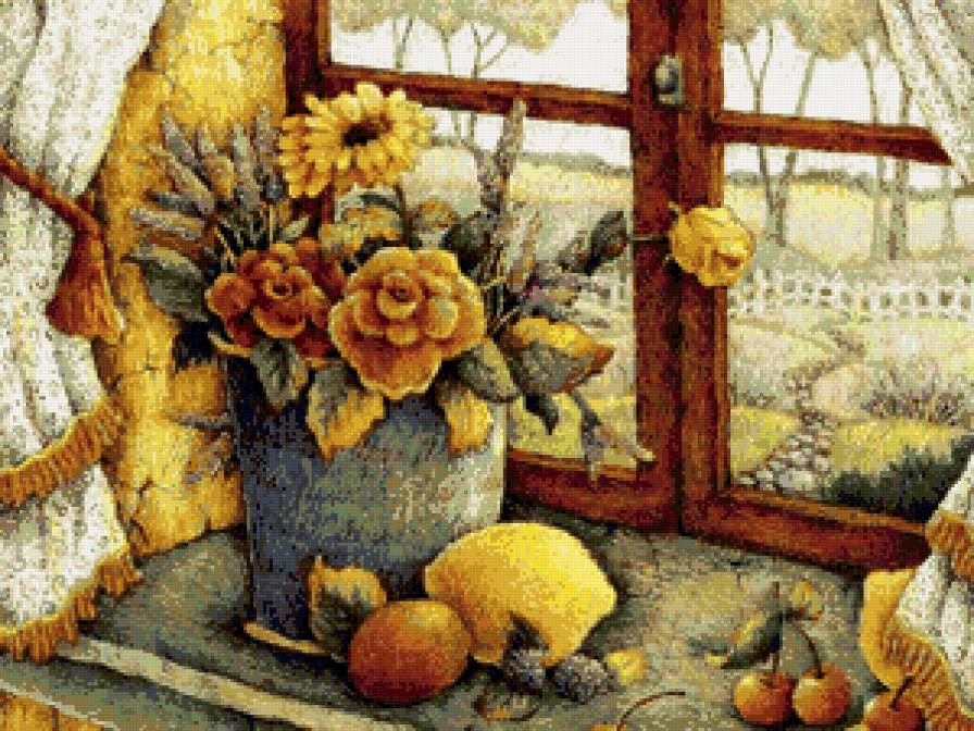 букет у окна - пейзаж, цветы, фрукты - предпросмотр