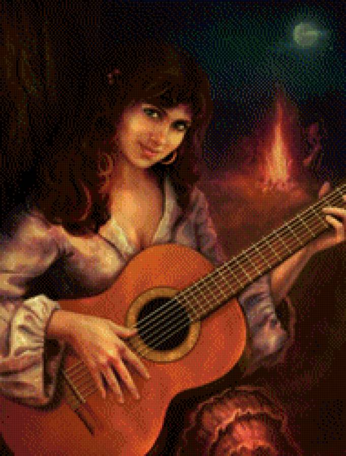 Девушка с гитарой - ночь, гитара, цыганка, девушка - предпросмотр