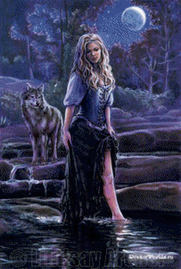 девушка и волк - девушка, волк, река, с волком, вечер - предпросмотр