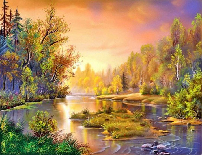 река в лесу - пейзаж, осень, деревья, природа, лес, живопись, река - оригинал