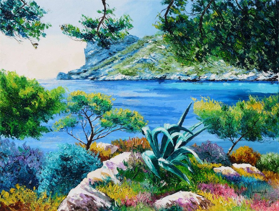 красочный морской пейзаж - живопись, лето, пейзаж, краски, природа, море, жара - оригинал