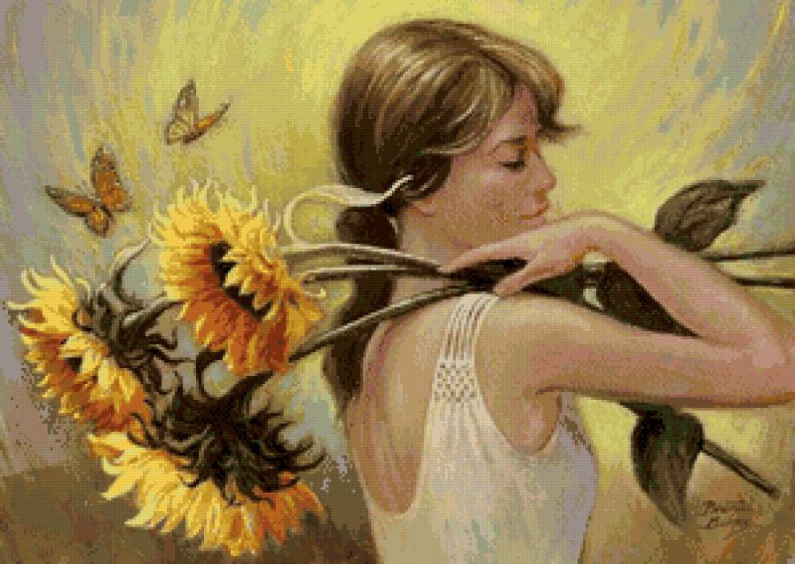 девушка с подсолнухами - бабочки, цветы, девушка, картина - предпросмотр