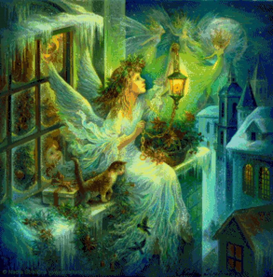 Рождественское чудо ( картина Надежды Стрелкиной) - рождество, зима, ангел, елка, окно, дома, город, котенок - предпросмотр