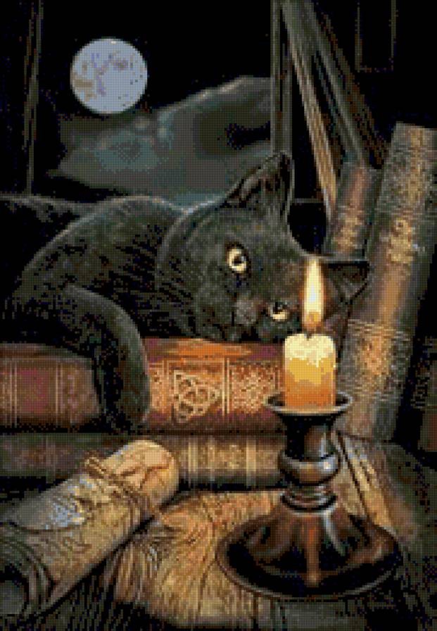 Колдовской час - черный кот, книги, ночь, стол, луна, кот, свеча - предпросмотр