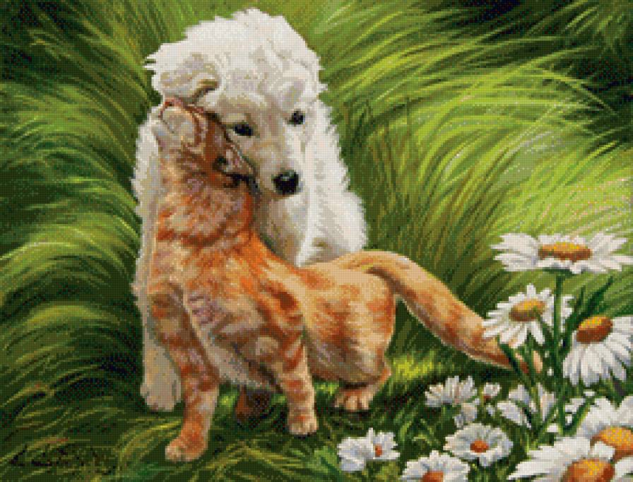 Друзья - природа, луг, трава, щенок, котенок, цветы - предпросмотр