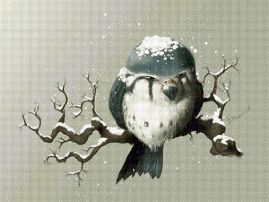 птичка на ветке - птица, зима, ветка, снег - предпросмотр