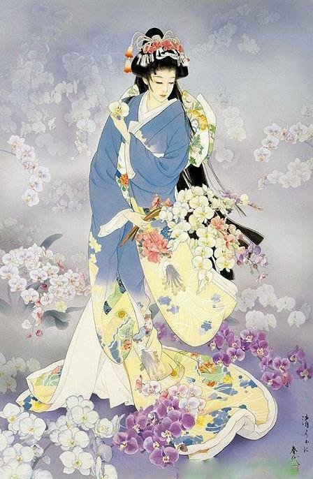 японка с цветами - живопись, девушка - оригинал