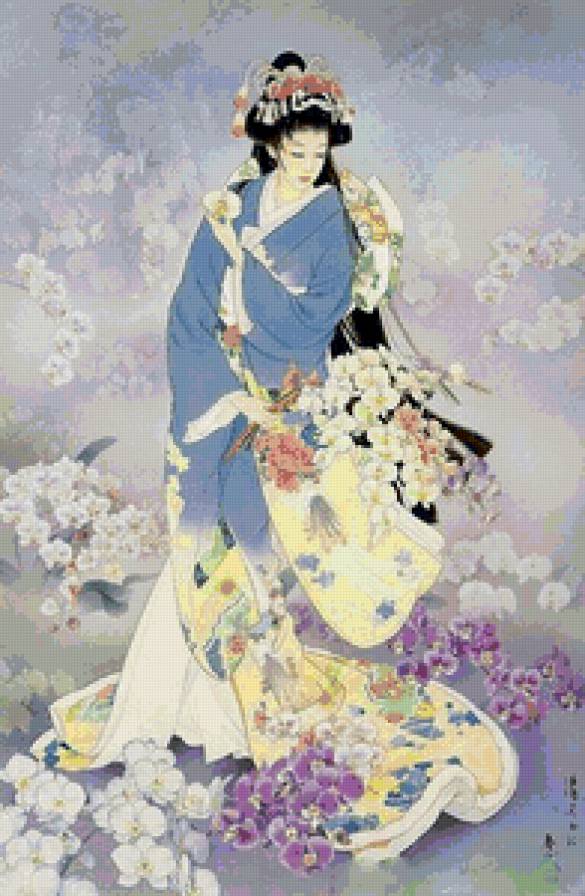 японка с цветами - живопись, девушка - предпросмотр