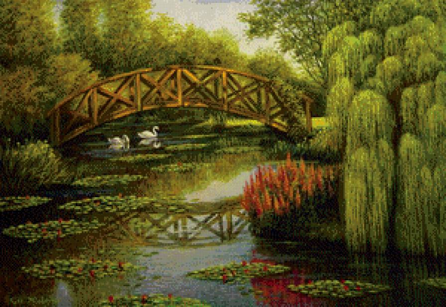 картина - мостик, лес, речка, природа, пейзаж - предпросмотр