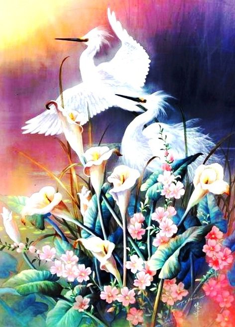 пано птицы - птицы, картина, цветы, пано - оригинал