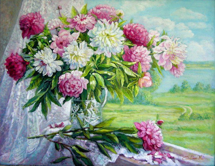 пионы на подоконнике - цветы, ваза, живопись, пионы, окно, натюрморт, природа - оригинал
