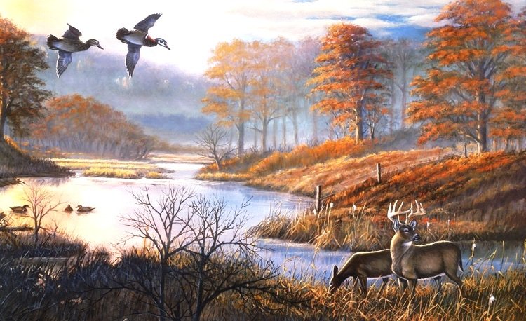 На пруду - осень, утки, пейзаж, олени, пруд - оригинал