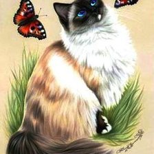 Оригинал схемы вышивки «кот и бабочки» (№685546)