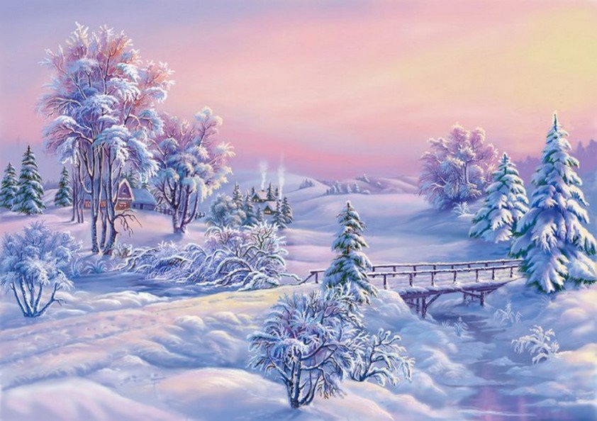 зимнее утро - зима, пейзаж, снег, мост, утро, деревня - оригинал